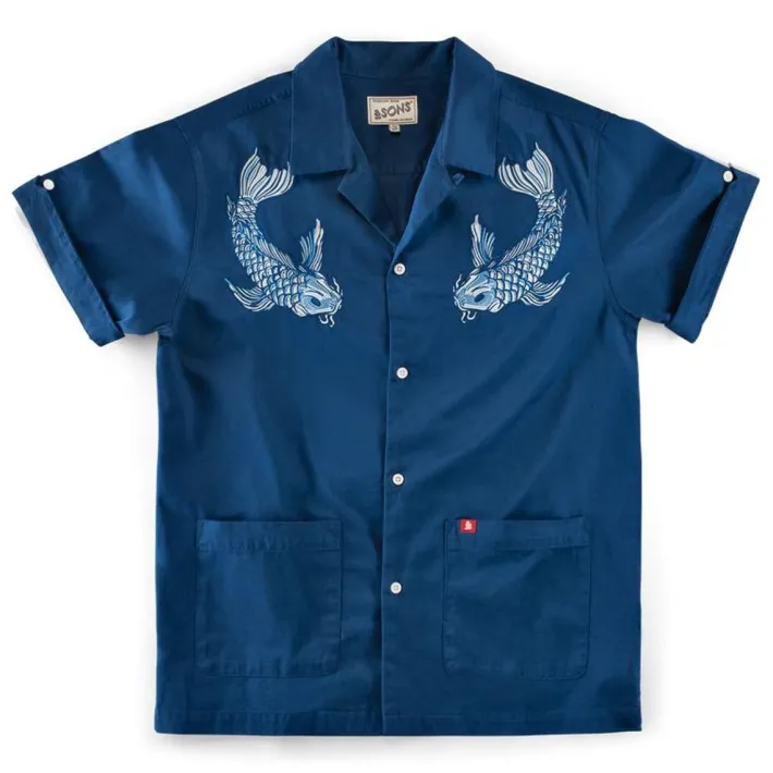 &SONS Tops-Club Shirt Koi Carp Embroidered Blue