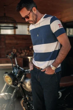 &SONS Tops-75 T-Shirt Indigo Stripe