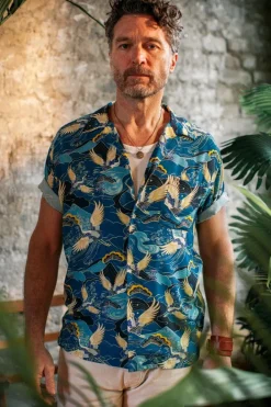 &SONS Tops-Aloha Crane Club Shirt Blue
