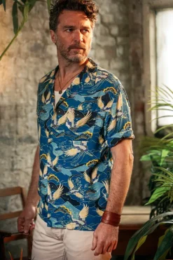 &SONS Tops-Aloha Crane Club Shirt Blue