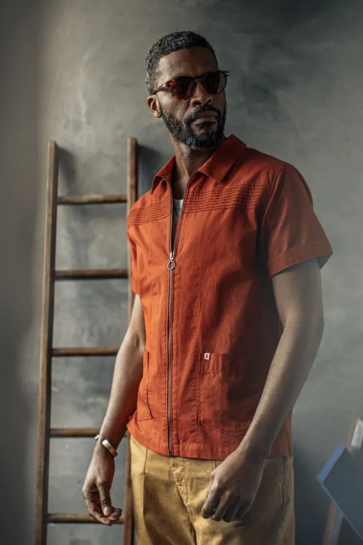 &SONS Tops-Cabana Shirt Burnt Orange