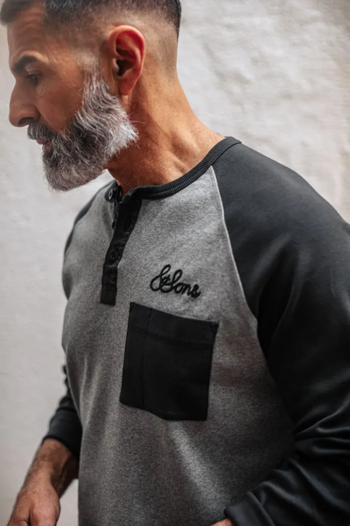 &SONS Tops-Infield Raglan Henley Shirt Grey/Charcoal