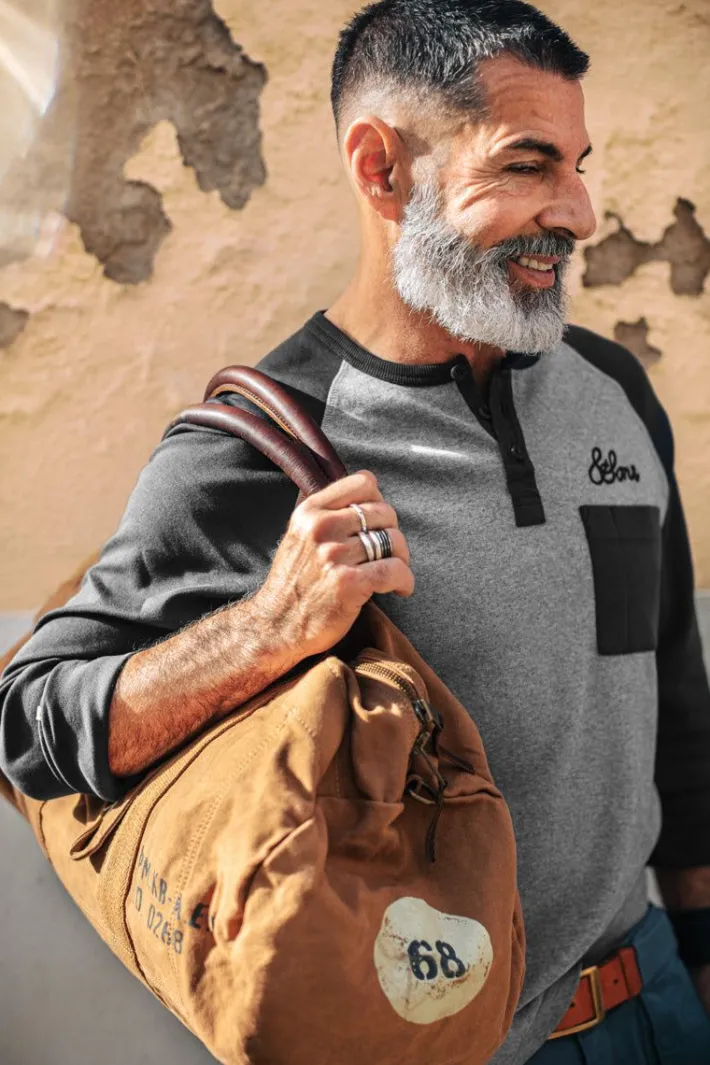 &SONS Tops-Infield Raglan Henley Shirt Grey/Charcoal