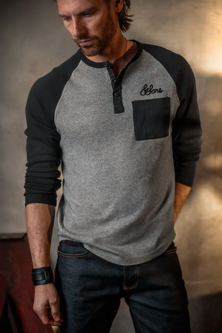 &SONS Tops-Infield Raglan Henley Shirt Grey/Charcoal