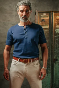 &SONS Tops-The New Elder Henley Short Sleeve Shirt Indigo