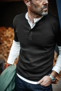 &SONS Tops-The New Elder Henley Short Sleeve Shirt Black